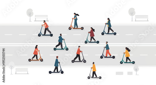 Diverse people riding electric scooters on city street with park background