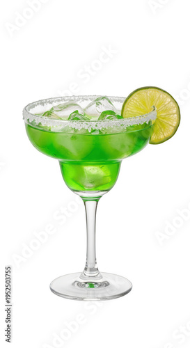 A green cocktail with ice and a lime wedge isolated on transparent background
