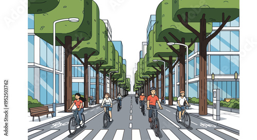 Green City Cycling: People riding bikes on a tree-lined street with modern buildings.