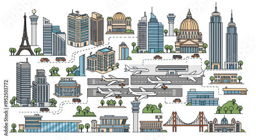 Cityscape Collage: Diverse Buildings, Airport, Eiffel Tower, Bridges, and Cars