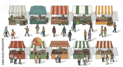 People Shopping at Outdoor Farmers Market Stalls with Fresh Produce