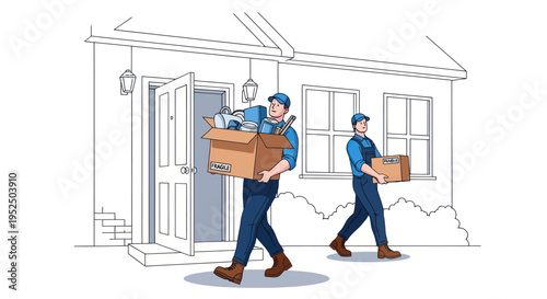 Movers carrying boxes into a house, relocation service, moving day illustration