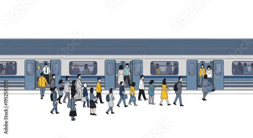 Commuters Boarding and Alighting a Modern Train at a Station Platform