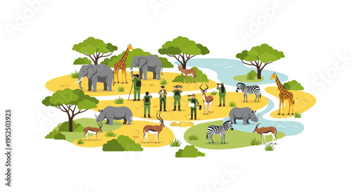 African Safari Animals and Rangers in a Savannah Landscape Illustration