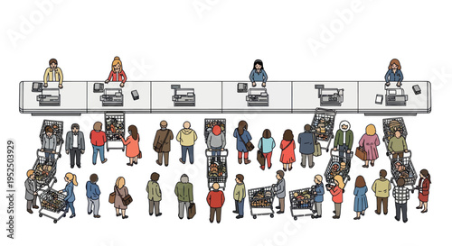 Diverse shoppers queue at checkout counters in a busy supermarket, top-down view