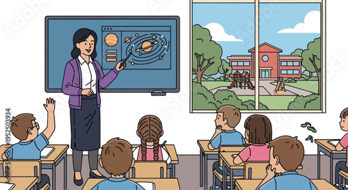Teacher Explaining Solar System to Students in Classroom with Schoolyard View