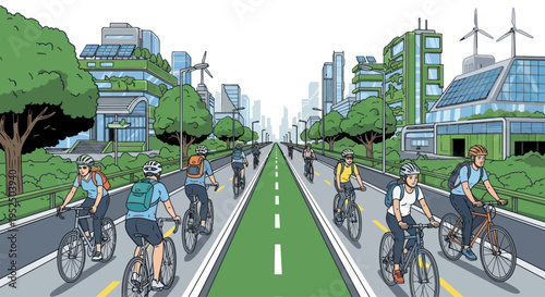Eco-friendly city street with cyclists on dedicated bike lane, green buildings, solar panels, wind turbines.