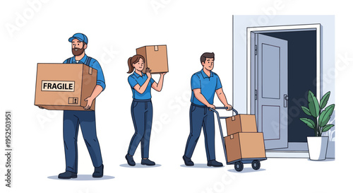 Movers carrying and transporting cardboard boxes near a doorway with plants.
