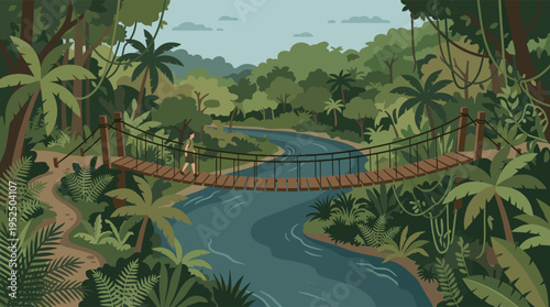 A vector illustration of a lone hiker with a backpack crossing a wooden rope suspension bridge over a river in a lush, green tropical jungle.