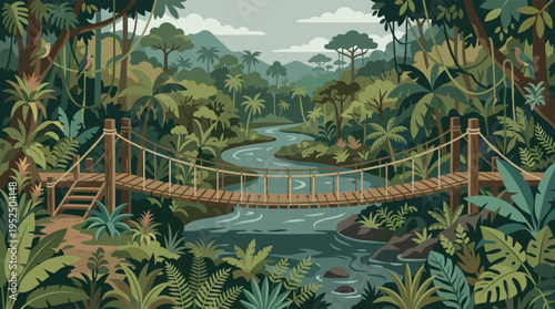 A serene illustration of a wooden rope bridge crossing a tranquil river in a dense, lush tropical jungle with mountains in the background.