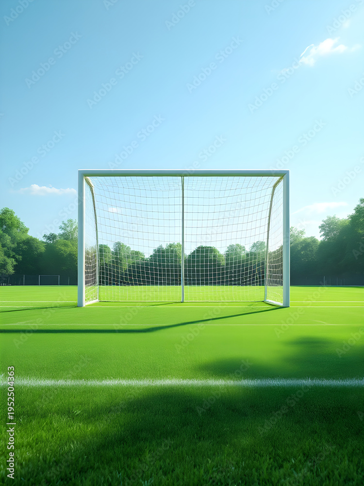 Fototapeta premium Soccer goal on green field under blue sky