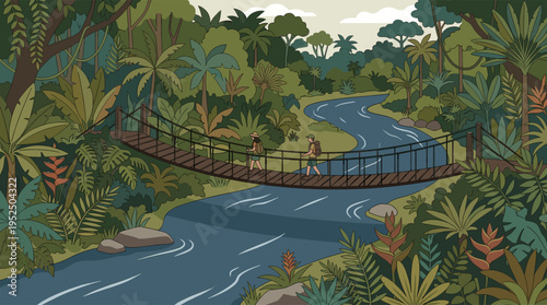 An adventurous couple with backpacks hike across a suspension bridge over a river in a lush, green tropical jungle illustration.