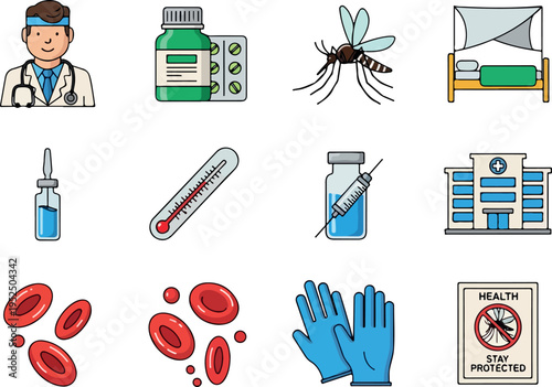 Collection of healthcare and medical icons representing various aspects of health, disease prevention, and treatment options