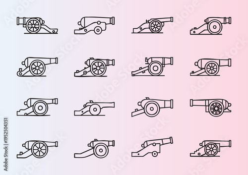 Collection of vintage cannons in various styles and angles vector icons
