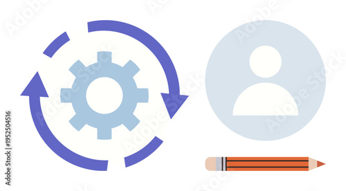 User experience, profile setup, system settings, workflow illustration, information editing, online tools. Gear with arrows, user icon and pencil. User experience and profile setup