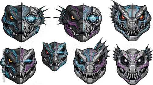 Futuristic cyberpunk dragon head vector set with robotic elements, neon glowing details and sci fi creature illustration collection