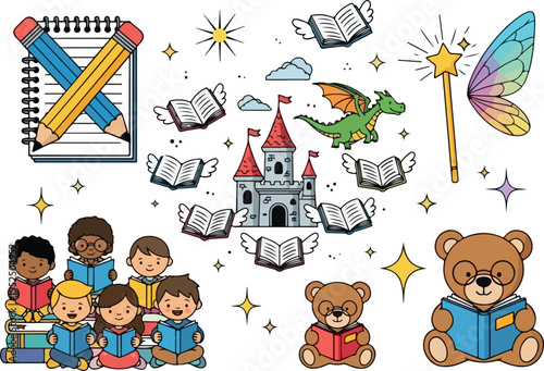 Magical Reading Adventure Fantasy Castle, Dragon, Books, Children and Animals Enjoying Stories