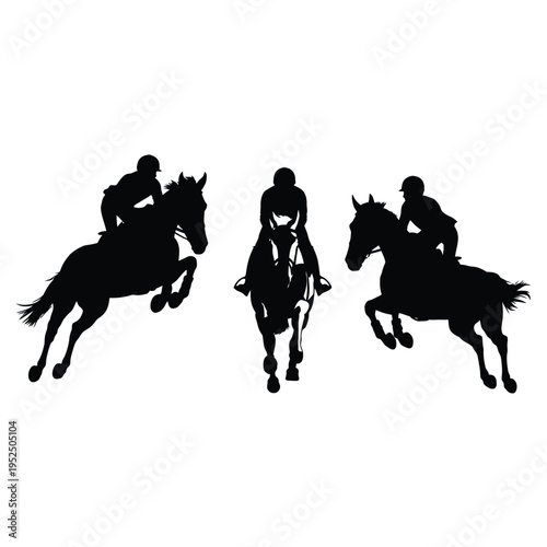 Silhouettes of three horseback riders in mid gallop against a white background