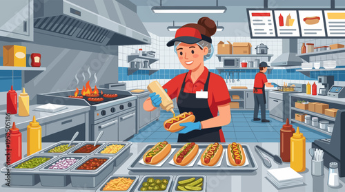 A smiling female worker in a uniform prepares hot dogs in a busy fast-food restaurant kitchen, adding mustard to a bun.