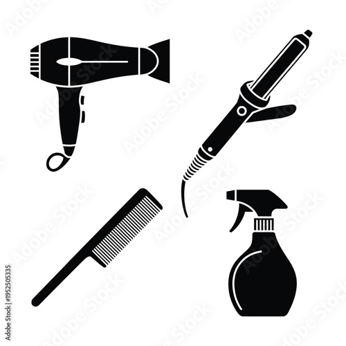 Hair styling tools a hairdryer curling iron comb and spray bottle