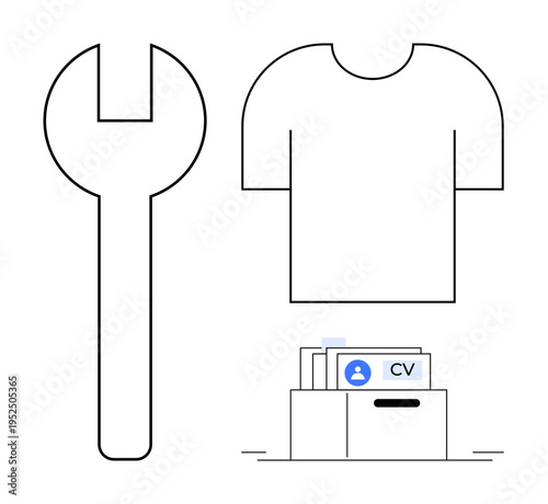 Career development tools. Career growth symbols include a resume folder, work shirt, and wrench as job readiness tools. Career planning for job seekers, HR, and employment guidance, career coaching