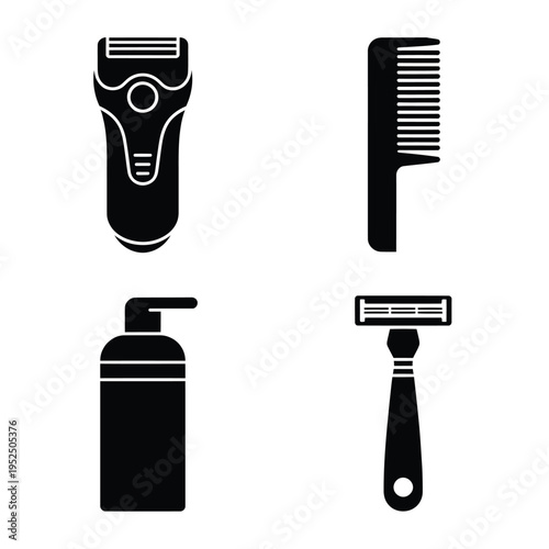 Black silhouette icons depicting grooming tools razor comb cream and blade