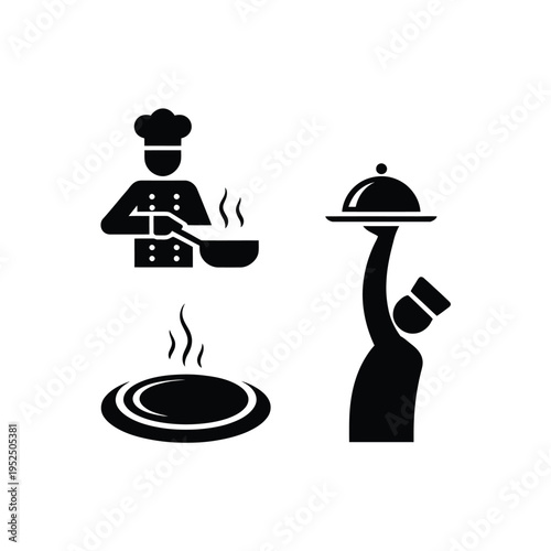 Chef cooking with a steaming pot and waiter serving a covered dish