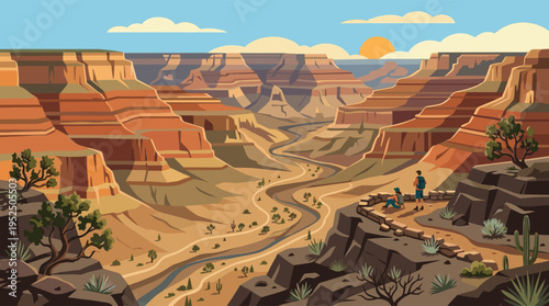 A couple of hikers stand on an overlook, watching the warm sunrise over the vast and scenic Grand Canyon in this beautiful vector illustration.