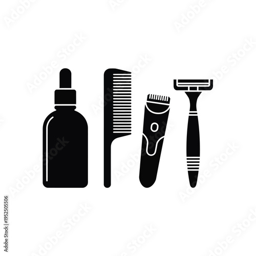 Grooming essentials beard oil comb trimmer and safety razor shown