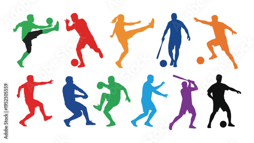 Soccer players in various poses and colors