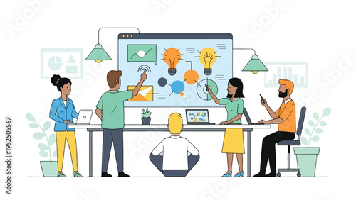 Illustration of a diverse team collaborating around a large desk with a big screen displaying colorful business concepts in a modern office setting
