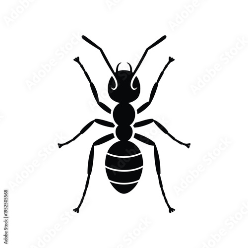A minimalist black silhouette of an ant with visible segmented body