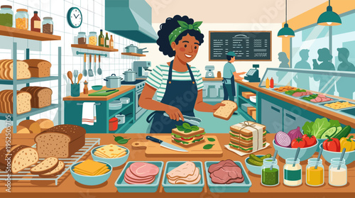 Happy Black female worker makes a delicious sandwich at a bustling local deli counter surrounded by fresh ingredients.