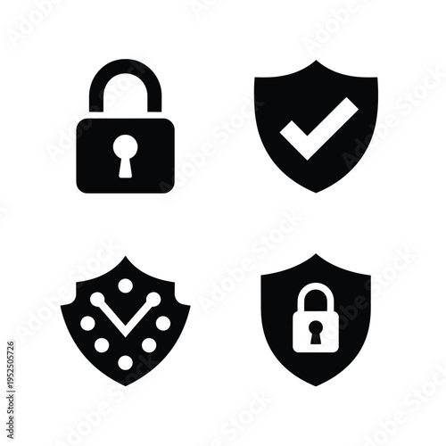 Security icons depicting locks and shields in a black and white style