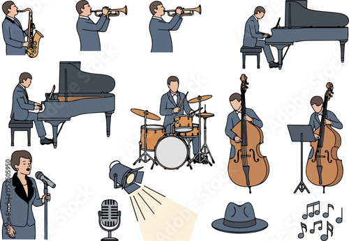 A Collection of Musicians Playing Different Instruments in Various Poses, Including a Saxophonist, Pianist, Drummer, Cellist, and Singer with a Spotlight