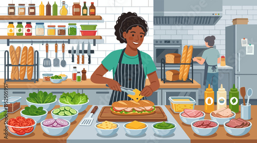 A happy Black woman chef in an apron prepares a fresh sub sandwich in a bustling deli, surrounded by bowls of fresh ingredients.