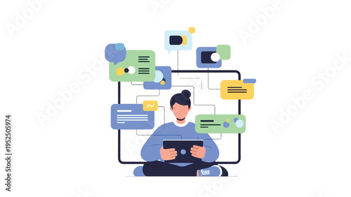 Flat illustration of a man sitting cross-legged holding a tablet with various colorful flowchart elements and icons surrounding him on a white