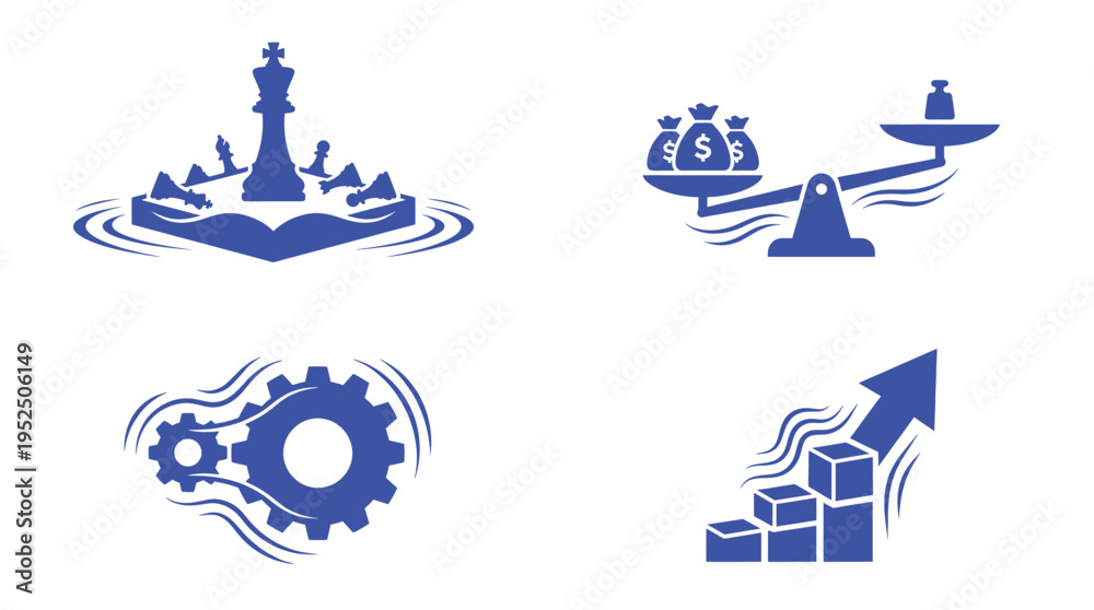Fototapeta premium Professional blue business icons depicting fallen chess pieces balance scales with money bags rotating gears and rising block chart arrows