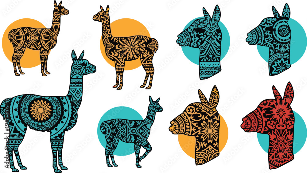 Fototapeta premium Decorative llama alpaca vector set with floral ethnic patterns, colorful stylized animal illustrations and modern ornamental design collection