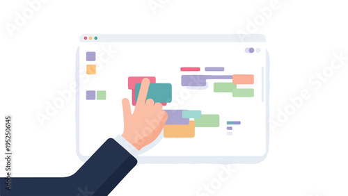 A suited hand interacting with a colorful workflow diagram on a digital screen with a white background.