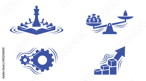 Professional blue business icons depicting fallen chess pieces balance scales with money bags rotating gears and rising block chart arrows