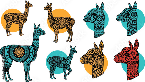 Decorative llama alpaca vector set with floral ethnic patterns, colorful stylized animal illustrations and modern ornamental design collection