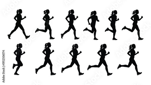 A set of black silhouettes of a woman running