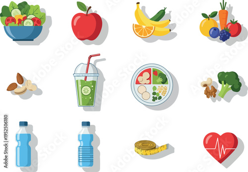 Healthy Lifestyle Assortment Fresh Produce, Nutritious Drinks, and Fitness Essentials