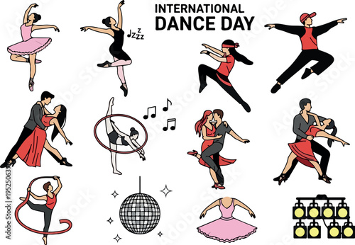 International Dance Day celebration with diverse dancers and symbols of joy and movement illustration