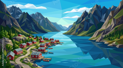 A tranquil Scandinavian village with traditional red houses sits on the shore of a beautiful fjord, illustrated in a modern low-poly, geometric vector style.