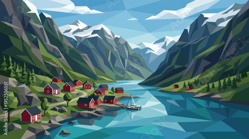 A serene low poly illustration of a picturesque Scandinavian village with red houses nestled on a calm fjord, surrounded by majestic snow-capped mountains.