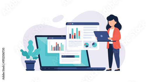 A woman in an orange blazer analyzes data on a laptop and large computer screen with graphs and charts in a simple background.