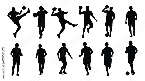 Silhouettes of soccer players in various poses