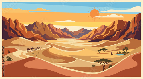 A warm, stylized vector illustration of a camel caravan traveling through a vast desert canyon with golden sand dunes and a distant oasis under a sunny sky.